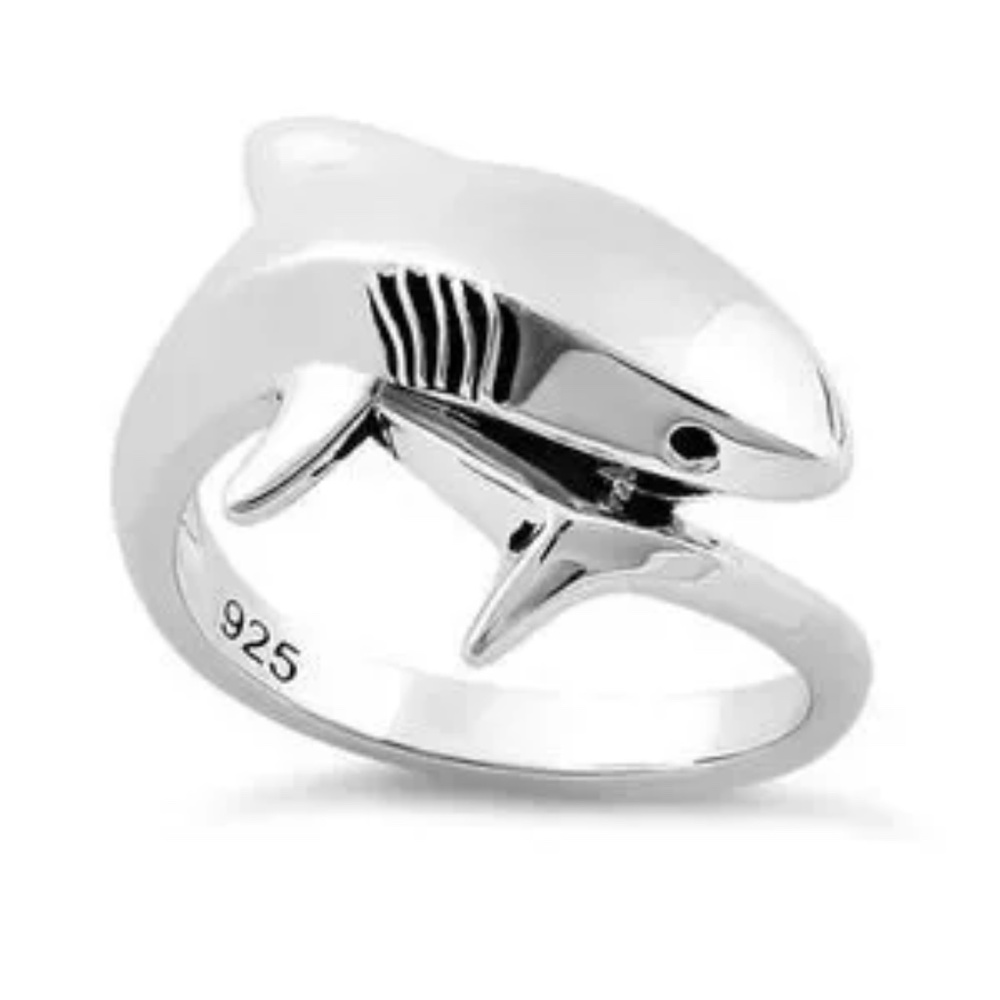 Sterling Silver Shark Black CZ Ring Size 10